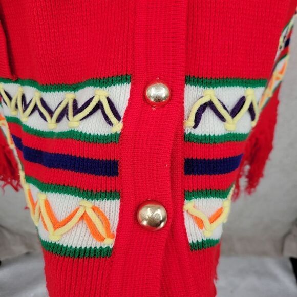 Vintage 70s Red Southwestern Knit Button Down Poncho Hippie Red - Picture 7 of 12